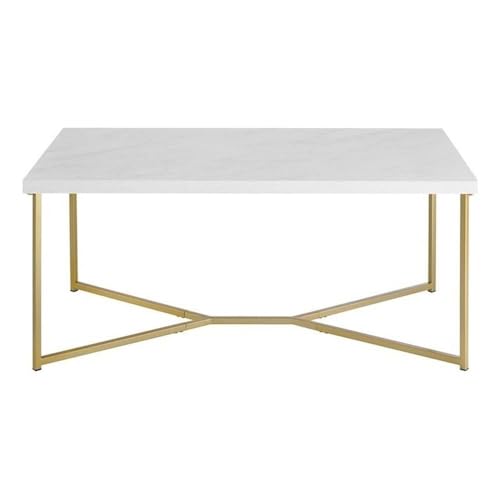 Walker Edison Mid Century Modern Marble Gold Rectangle Coffee Table Living Room Accent Ottoman Storage Shelf, 42 Inch, Marble and Gold