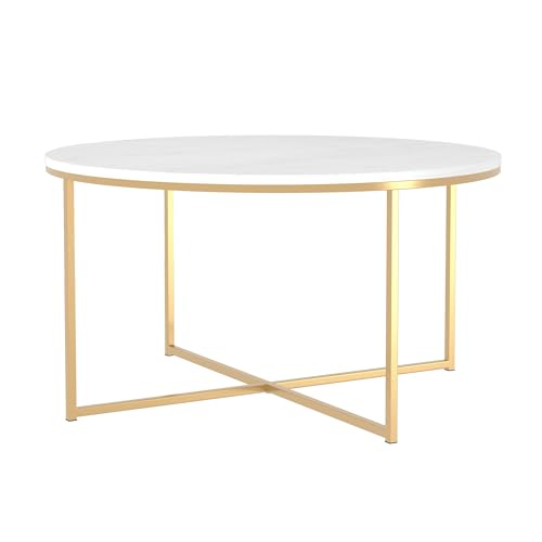 Walker Edison Modern Glam Round Accent Faux White Marble Cof