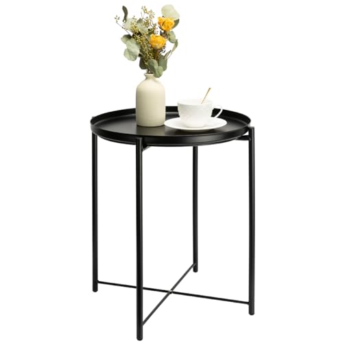 danpinera Metal Side Table, Black Side Table for Small Spaces Outdoor Patio Side Table Circle Metal Bedside Table Waterproof Removable Tray Round Accent Table for Nursery Bedroom Balcony Office Black