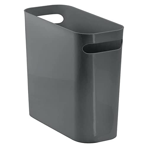mDesign Plastic Small Trash Can, 1.5 Gallon/5.7-Liter Wastebasket, Narrow Garbage Bin with Handles for Bathroom, Laundry, Home Office - Holds Waste, Recycling, 10" High, Aura Collection, Charcoal Gray