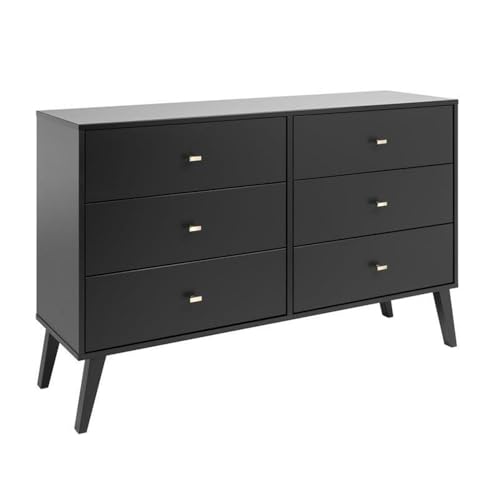 Prepac Milo Mid-Century Modern 6 Drawer Double Dresser for Bedroom, Wide Chest of Drawers, Contemporary Bedroom Furniture, 16" D x 52.50" W x 33" H, Black