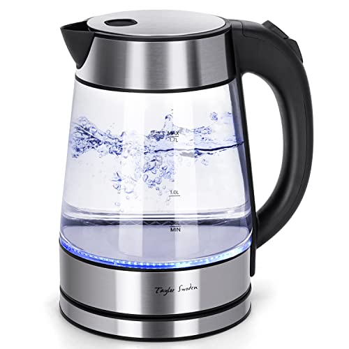 Taylor Swoden Glass Hot Water Kettle Electric for Tea and Coffee 1.7 Liter Fast Boiling Electric Kettle Cordless Water Boiler with Auto Shutoff & Boil Dry Protection