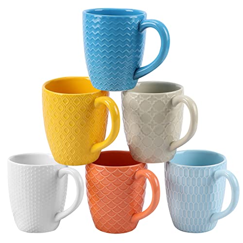 Schliersee 12 OZ Ceramic Coffee Mug Set of 6, Multi Colors Patterns Microwavable Porcelain Mug, Stylish Embossed Coffee Cup for Coffee, Tea, Milk, Water