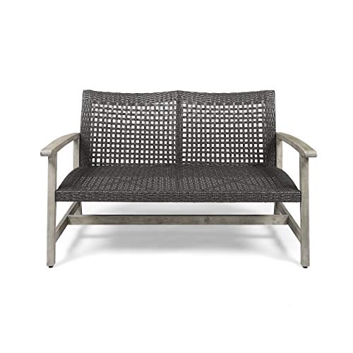 GDFStudio Outdoor Wood and Wicker Loveseat, Light Gray Finish with Mix Black Wicker