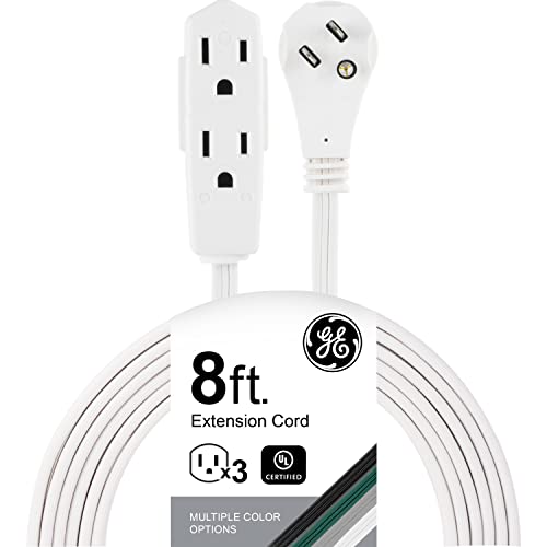 GE 3-Outlet Flat Extension Cord 8 Ft Grounded Extension Cord