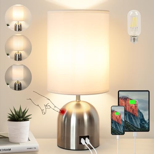 Touch Control Table Lamp for Bedroom, 3 Way Dimmable Silver Bedside Lamps with 2 USB Charging Ports Modern Lamp with Metal Base Fabric Shade for Nightstand Office, Living Room(Bulb Included)