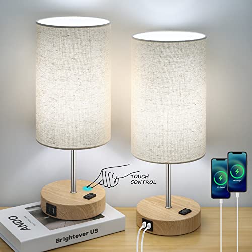 Bedside Table Lamps with 2 USB Charging Ports & AC Outlet, Set of 2 Touch Control Wooden Base Nightstand 3-Way Dimmable Lamps with Beige Fabric Shade for Bedroom, Living Room, A19 E26 Bulbs Included
