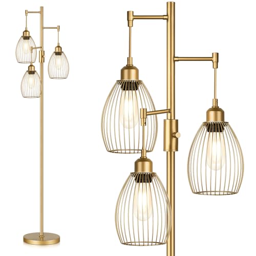Dimmable Industrial Floor Lamps for Living Room, Gold Tree Standing Tall Lamps with 3 Elegant Teardrop Cage Head & 800 Lumens LED Bulbs for Bedroom Office