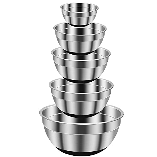 REGILLER Stainless Steel Mixing Bowls (Set of 5), Non Slip Black Silicone Bottom Nesting Storage Bowls, Polished Mirror Finish For Healthy Meal Mixing and Prepping 1.5-2 - 2.5-3.5 - 7QT (Black)