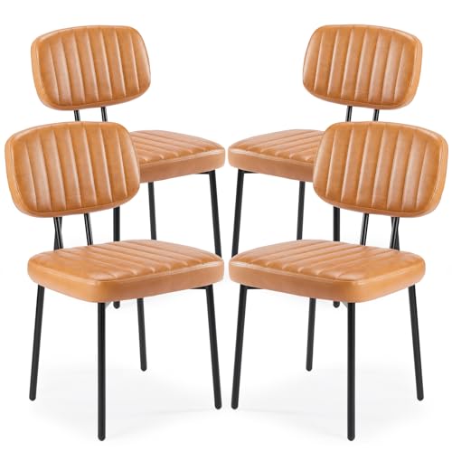Sweetcrispy Dining Chairs Set of 4, Upholstered Mid Century Modern Kitchen Dining Room Accent Chairs with Faux Leather Cushion Seat & Metal Legs for Kitchen, Living Room - Brown