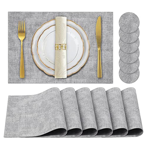 Faux Leather Placemats Set of 6,Heat Resistant Placemats for Dining Table, Easy Clean Non-Slip Place Mats, Waterproof Stain Resistant Wipeable Washable PU Table Mats, (Light Grey)