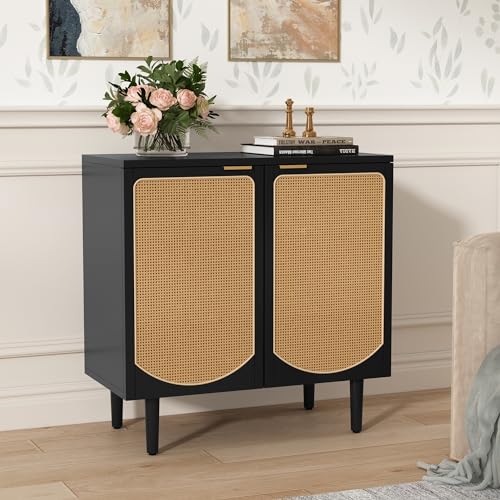 ARTPOWER Sideboard Buffet Cabinet with 2 Rattan Doors, Accent Storage Cabinet with Shelf, Boho Rattan Credenza, Modern Black Cabinet for Kitchen, Dining Room, Living Room, Entryway