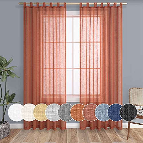 KOUFALL Terracotta Sheer Curtains 84 Inches Long for Living Room 2 Panels Set Tab Top Linen Woven Textured Light Filtering Semi Transparent Rust Colored Curtains for Bedroom Girls 52x84 Inch Length