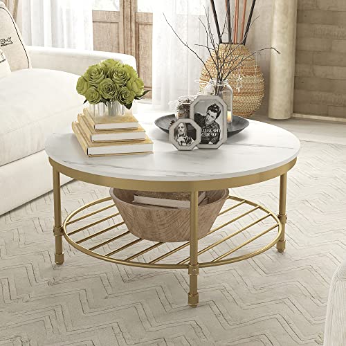 Gezen Round Coffee Table for Living Room, 2-Tier Modern Coff