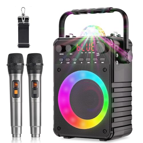 Karaoke Machine, Portable Bluetooth Karaoke Speaker with Disco Projection Lights for Kids Adults, Singing Machine with Two Wireless Microphone, Birthday Gifts for Girls Boys Home Party