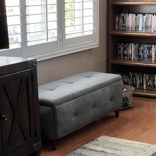 Panana Rectangle Tufted Lift Top Storage Ottoman Bench, Footstool with Solid Wood Legs Upholstered Storage Bench, Gray Linen Fabric