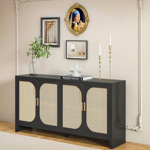 Rattan Sideboard Buffet Cabinet with Storage Kitchen Sideboard Storage Cabinet Accent Buffet Console Table with Doors and Adjustable Shelf for Dining Living Room Hallway