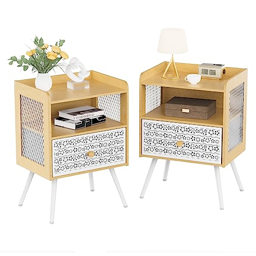 Nightstands Set of 2, End Table with Open Shelf, 2-Tier Night Stand with Adjustable Metal Floral Drawer, Night Stand for Bedroom Sofa Side Table, End Table, Bedside Table