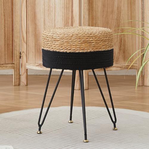 Vanity Makeup Stool, Hand Weave Natural Seagrass Footstool Ottoman, Modern Multifunctional Vanity Stools Chair, Foot Rest Dressing Stool with Metal Leg, Black