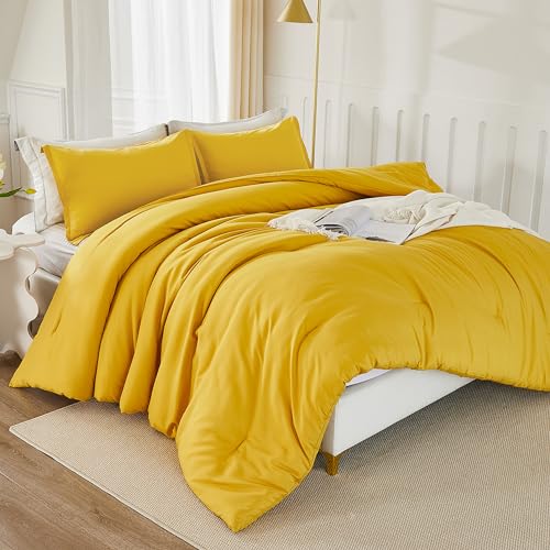 Litanika Mustard Yellow Comforter Set Queen Size, 3 Pieces Lightweight Solid Bedding Comforter Set, All Season Fluffy Bed Set (90x90In Comforter & 2 Pillowcases)