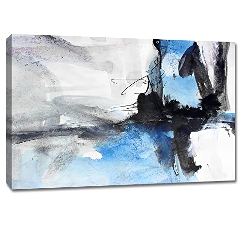 Large Abstract Canvas Wall Art Modern Aquarelle Art Paintings Black and Blue Fantasy Colorful Graffiti on White Background Minimalist Artwork Decor for Living Room Bedroom Corridor Framed 48x32in