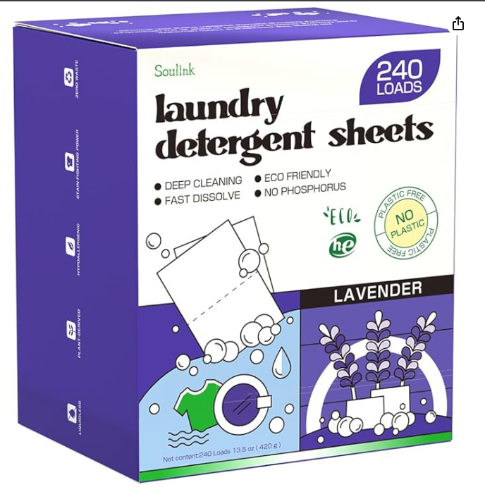 Soulink Lavender Laundry Detergent Sheets, 240 Loads - Eco-Friendly, Plant-Based, Hypoallergenic, No Plastic Jug