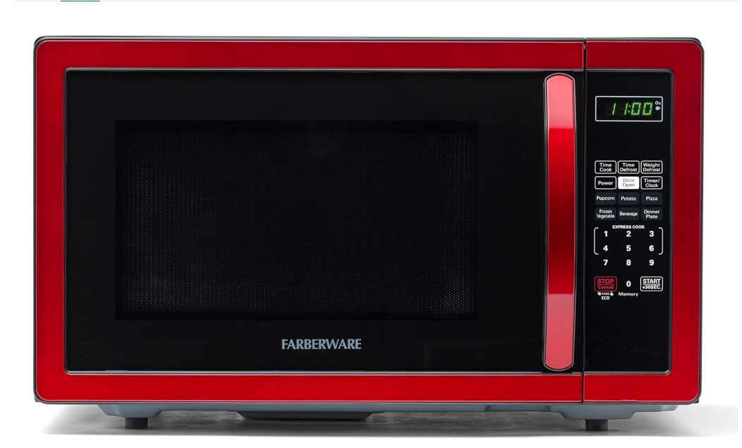 Farberware 1.1 Cu. Ft. Countertop Microwave Oven – 1000 Watts Power, Auto Cook Settings, Defrost, Easy Clean and Child Safety Lock - Metallic Red