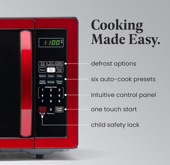 Farberware 1.1 Cu. Ft. Countertop Microwave Oven – 1000 Watts Power, Auto Cook Settings, Defrost, Easy Clean and Child Safety Lock - Metallic Red