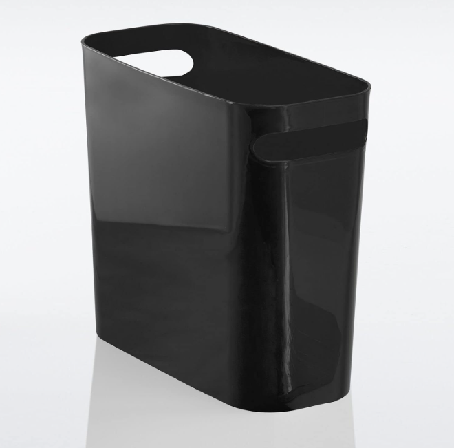 mDesign Plastic Small Trash Can, 1.5 Gallon/5.7-Liter Wastebasket, Narrow Garbage Bin with Handles for Bathroom, Laundry, Home Office - Holds Waste, Recycling, 10" High, Aura Collection, Black