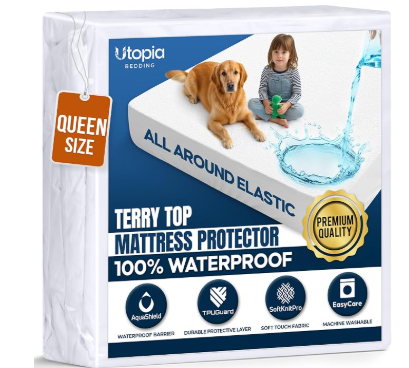 Queen Size Mattress Protector Waterproof, Premium 200 GSM Terry Mattress Cover, Soft & Breathable Bed Cover, Fitted Sheet Style Stretchable Deep Pockets 17" by Utopia Bedding (White)