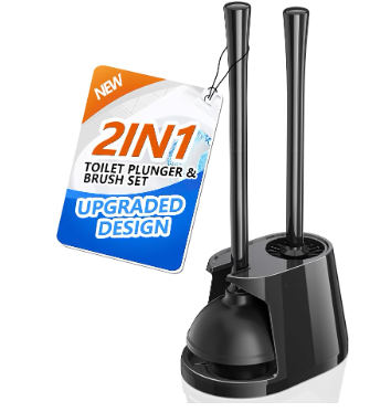 Toilet Plunger and Brush Set, Bowl Brush and Heavy Duty Toilet Plunger with Ventilated Holder, 2-in-1 Toilet Brush and Plunger Combo for Bathroom Deeply Cleaning（Black）